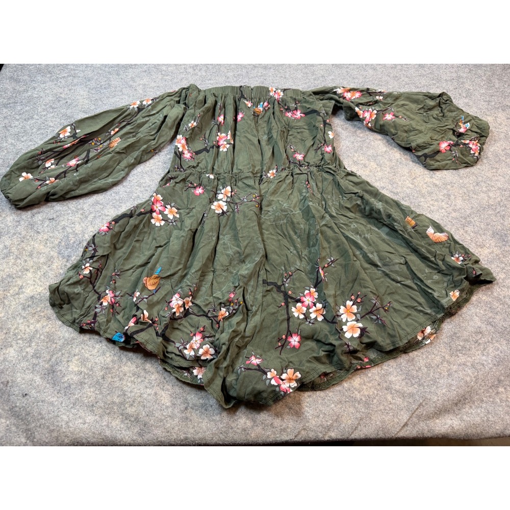 Olive Green Floral Bird Print Off Shoulder Puff Sleeve Romper Festival ST2
